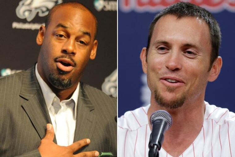 Former Eagles quarterback Donovan McNabb (left) and former Phillies pitcher Brad Lidge (Clem Murray/Staff Photographer)(Matt Rourke/AP)