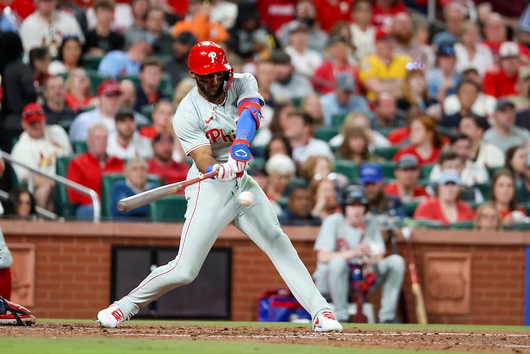 The Phillies' Johan Rojas hits an RBI single during the fifth inning against the Cardinals on Monday in St. Louis.