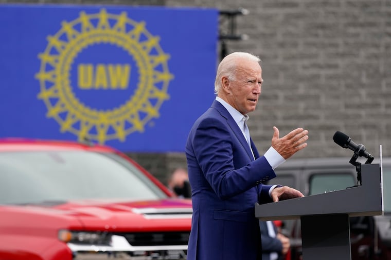 Democratic presidential candidate and former Vice President Joe Biden speaks at a campaign event at UAW Region 1 headquarters on Sept. 9.