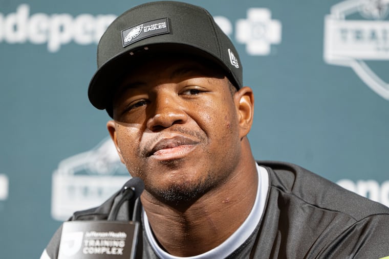 Eagles outside linebacker Nolan Smith Jr. speaks to the media after practice at the Jefferson Health Training Complex in Philadelphia on Monday.