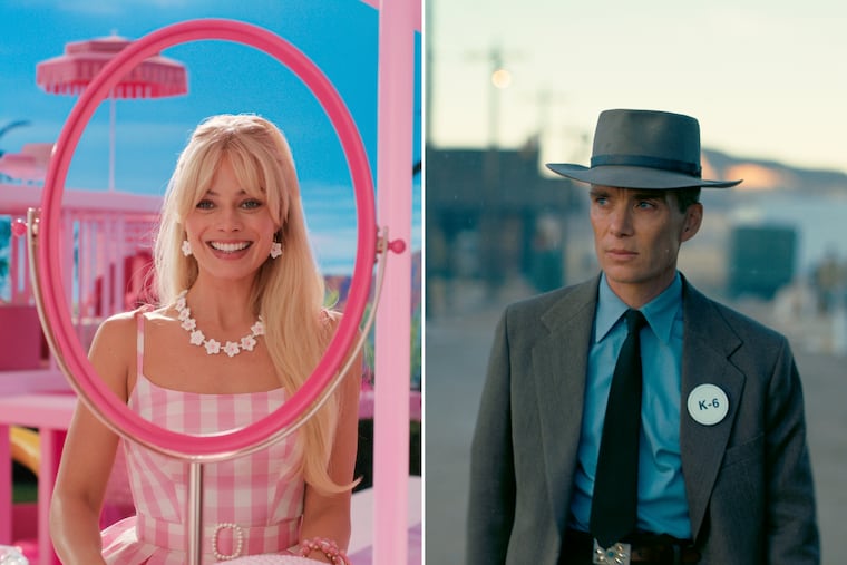 This combination of images shows Margot Robbie in a scene from "Barbie," left, and Cillian Murphy in a scene from "Oppenheimer." (Warner Bros Pictures/Universal Pictures via AP)