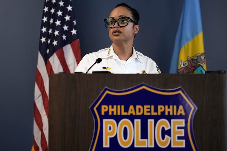 Philadelphia Police Commissioner Danielle Outlaw speaks with members of the media during a news conference in Philadelphia, Wednesday, Aug. 23, 2023. Officials announced plans to fire officer Mark Dial, who on Aug. 14, shot and killed Eddie Irizarry during a during a traffic stop. (AP Photo/Matt Rourke)