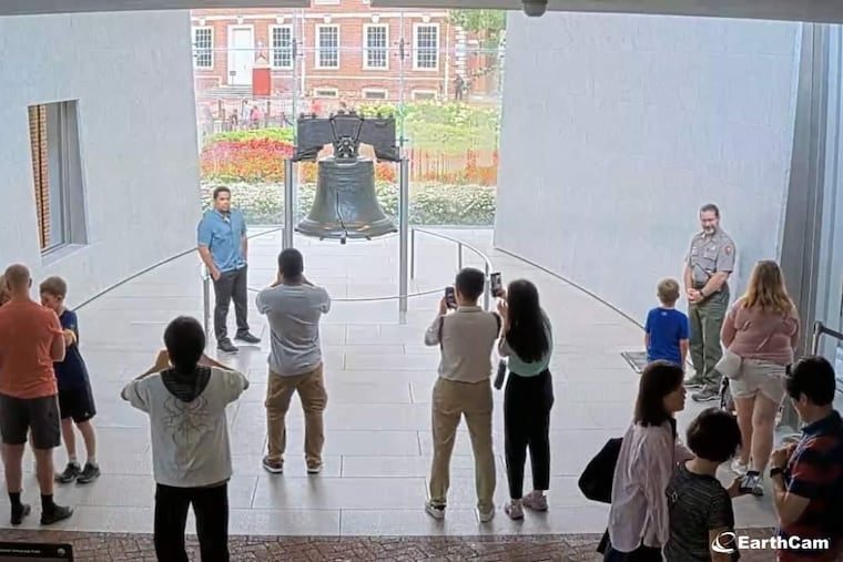 Visitors at the Liberty Bell as seen from EarthCam's new 24/7 live stream. July 28, 2026.