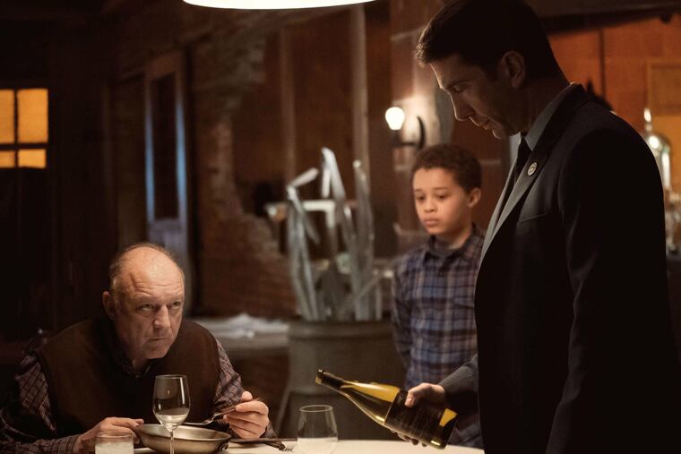 John Doman (left) is Aidan Moran, Elijah Jacob is TJ, and David Schwimmer is Tommy Moran, who is trying to open a restaurant.