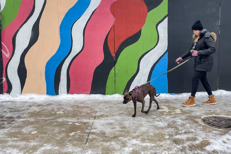 Pedestrians navigate an icy sidewalk in the Northern Liberties section of Philadelphia on Thursday, Jan. 18, 2024.