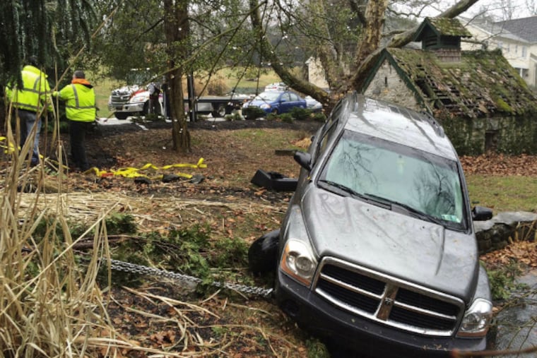In Radnor, an SUV slid off icy Matsonford Road, skidded across a yard, and stopped on the lip of a pond. The driver, a woman in her late 30s, was able to walk to an ambulance.