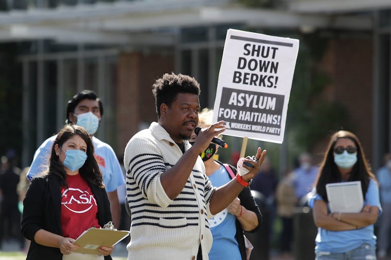 Steve Paul talks to a crowd in front of Independence Hall during a call at to President Biden to end the ICE contract in Berks County, where the latest plan for the facility where immigrant families were held is to reopen it as a prison for immigrant women on Saturday, May 25, 2020.
