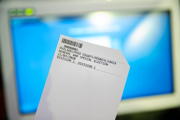 A paper ballot during a demonstration of the ExpressVote XL voting machine at Reading Terminal Market in Philadelphia in June 2019. Ballot-marking machines were initially developed not as primary vote-casting tools, but as accessible alternatives for the disabled, who still face many barriers in voting procedures.