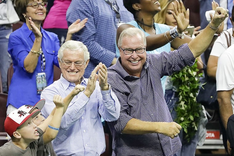 Soul ownership partner Dick Vermeil and majority owner Ron Jaworski celebrate after the Soul beat the Tampa Bay Storm 44-40 to win the Arena Bowl.