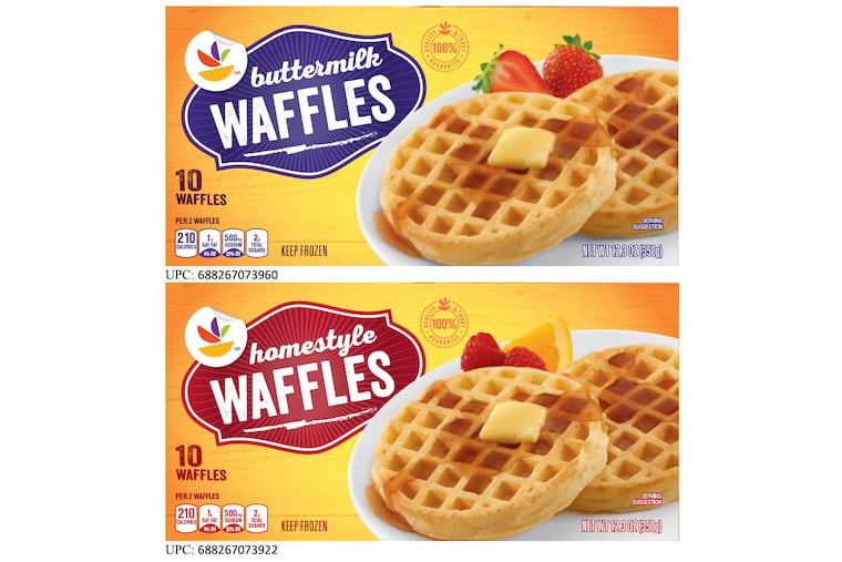 The packaging of two styles of waffles, among hundreds of brands of frozen waffles, that are part of a voluntary recall because the products could be contaminated with dangerous listeria bacteria, the manufacturer said.