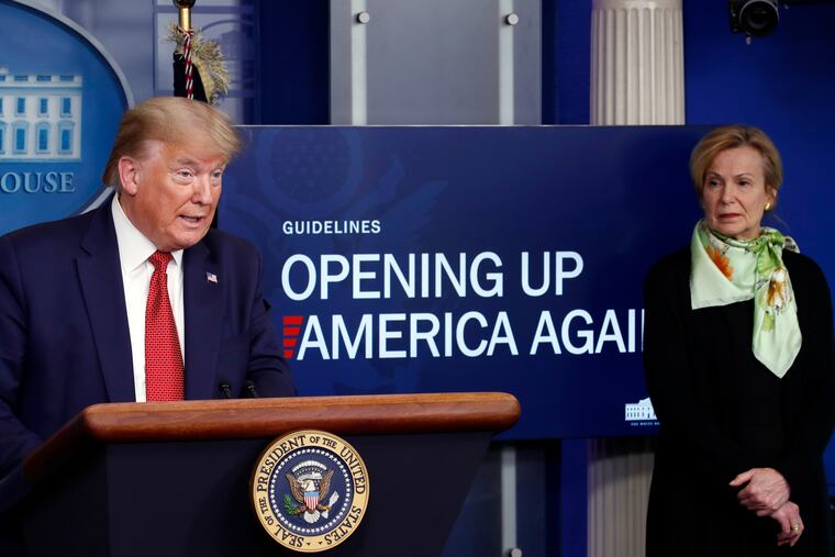 In this April 16 photo, President Donald Trump speaks about the coronavirus in the James Brady Press Briefing Room as Dr. Deborah Birx, White House coronavirus response coordinator, listens.