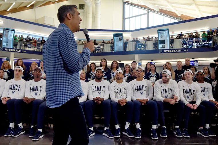 Jay Wright addresses the crowd at Finneran Pavilion after the Wildcats were announced as a 6 seed in this month's NCAA Tournament.