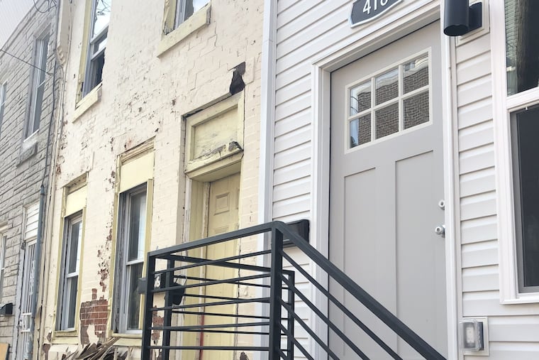 On the right, a South Philadelphia home built as part of the city's Turn the Key program, an initiative to build price-restricted homes using city-owned land sold to private developers. Approval by the Land Bank board to sell city-owned land can be contentious.