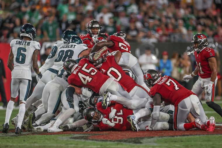 Tampa Bay Buccaneers defense tries to stop the Eagles’ "Brotherly Shove" to get a first down in the second half of a game in Tampa, Fla., on Monday, Sept. 25, 2023.
