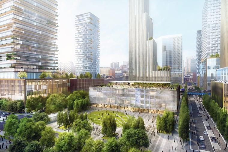 Artist's rendering of planned Schuylkill Yards development, with renovated One Drexel Plaza, future home to Spark Therapeutics in foreground.