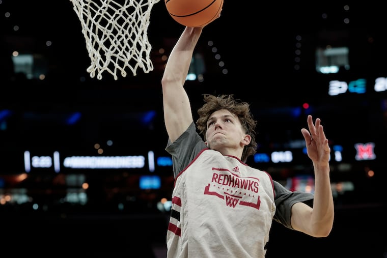 Miami of Ohio's Brant Byers, a Chambersburg, Pa., native, goes up to the basket during his team's practice Thursday at Xfinity Mobile Arena.