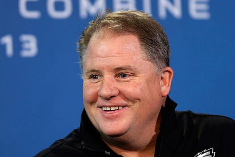 Philadelphia Eagles head coach Chip Kelly answers a question during a
news conference at the NFL football scouting combine in Indianapolis,
Thursday, Feb. 21, 2013. (AP Photo/Michael Conroy)