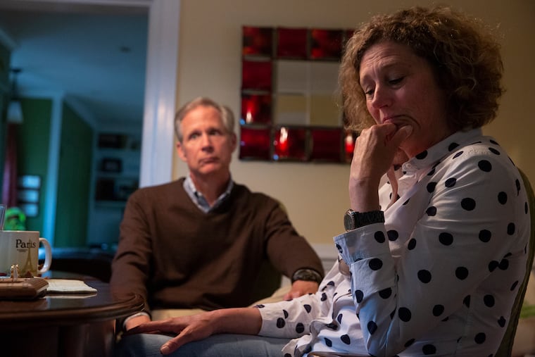 Denette Stetler, right, and Jim Stetler speak about their son, Trent Stetler, in their Havertown, Pa, home on Tuesday, April 30, 2019. Trent took his life in January 2015 as a junior in college.