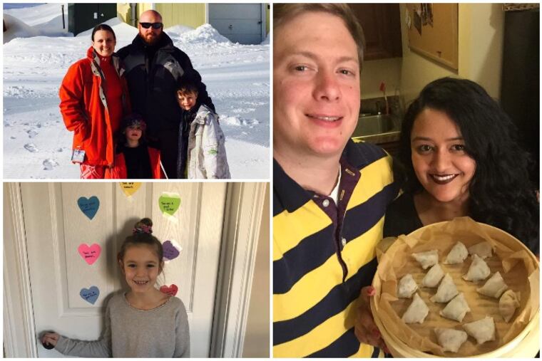 (Top left): Jonathan and Sarah Waple, ages 37 and 36, with their children Jackson, 8, and Hayden, 6, at Mad River Glen in Vermont on Valentine's Day in 2017
(Bottom left) Avery Longo, 9, stands in front of her bedroom door decorated with paper hearts from her parents.
(Right) Couple Simon Reinhardt, 31, and Meghana Sharma, 31, show off their homemade dumplings.