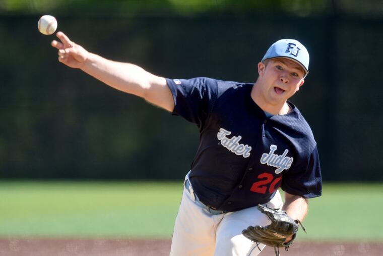 Father Judge pitcher Chuck Kelley (#20) on the mound against Archbishop Carroll last season.