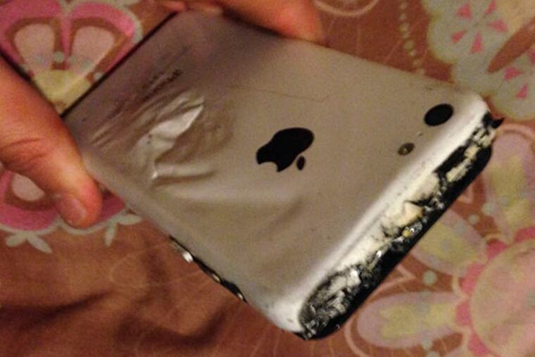 When an iPhone (above) caught fire as Alexis Rolon, 12, walked to school, it left a hole in her back pocket and second-degree burns. Her family says they're done with Apple. PHOTO: ROSELLY ROLON