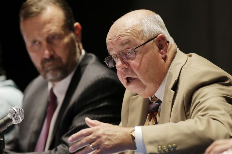 Monroe Township Superintendent of Schools Charles Earling speaks during an emergency school board meeting at Williamstown High School theater in Williamstown, N.J., on Oct. 6, 2017.