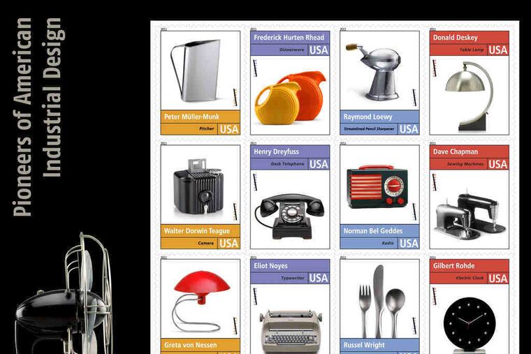 The 12 new stamps honoring U.S. industrial designers. Each of the forever stamps features the name of a designer and an object he or she created.