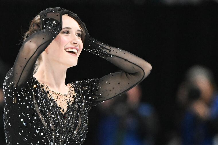 Isabeau Levito of the United States savors the moment following her free skate in the women's competition at the 2024 World Figure Skating Championships in Montreal.