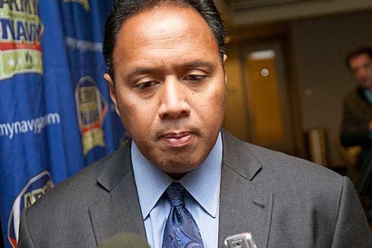 Navy head coach Ken Niumatalolo speaks with reporters during a media luncheon on Wednesday, Nov. 28, 2012 in Philadelphia. The Army and Navy NCAA college football game is scheduled to be played on Saturday, Dec. 8. (Jessica Kourkounis/AP)