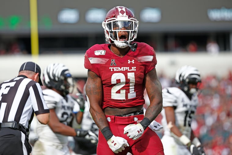 Temple running back Jager Gardner exults after ripping off a long gain against Memphis on Oct. 12. The Owls went on to win, 30-28.