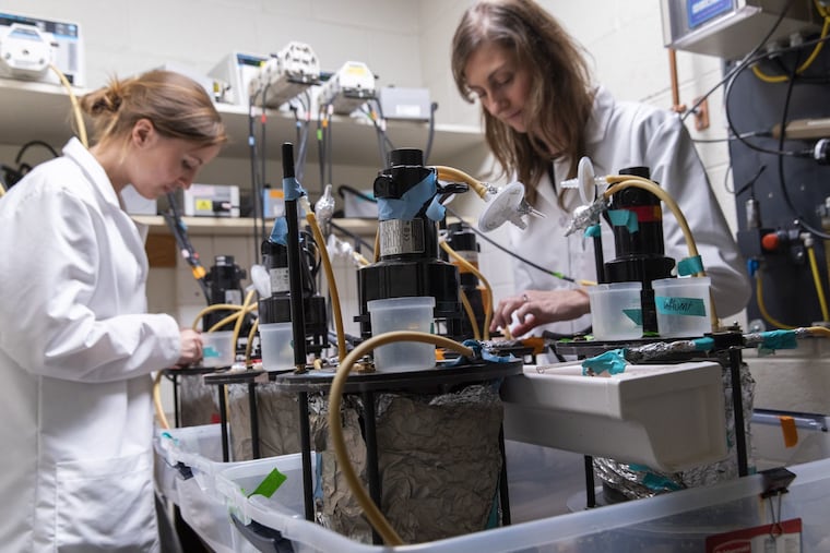 Heather Murphy, right, who leads Temple University’s Water, Health, and Applied Microbiology Laboratory, and Shannon McGinnis, left, a recent PhD graduate from Temple's College of Public Health.
