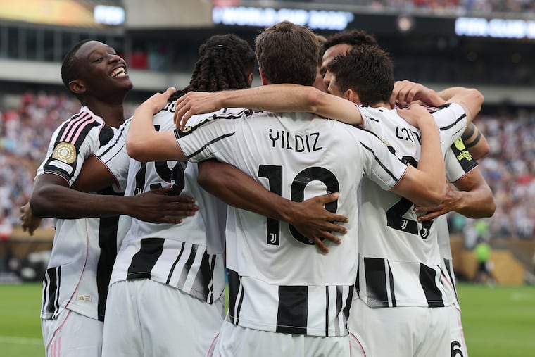 Juventus forward Kenan Yıldız (center) celebrates with teammates after scoring our reporter's pick for the best goal by any player at Lincoln Financial Field during the Club World Cup.