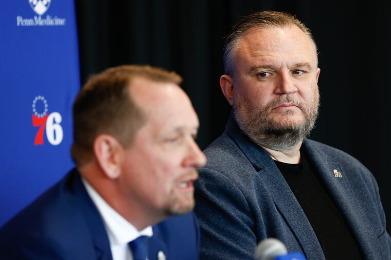 New Sixers head coach Nick Nurse answered questions as team president Daryl Morey looks on during an introduction press conference.