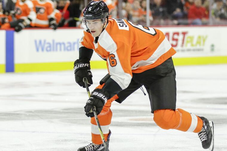 Flyers defenseman Travis Sanheim skates with the puck against the New York Islanders on Friday, November 24, 2017 in Philadelphia.