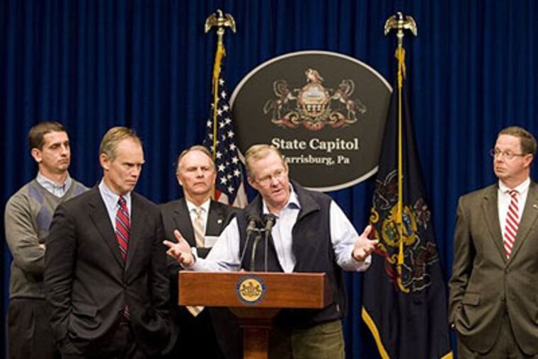 From left are Pennsylvania state Rep. Dave Reed (R., Indiana), Rep. Mike Turzai (R., Allegheny), Rep. Bill Adolph (R., Delaware), Rep. Sam Smith (R., Jefferson), and Rep. Stan Saylor (R., York). (Photo: Kalim Bhatti)