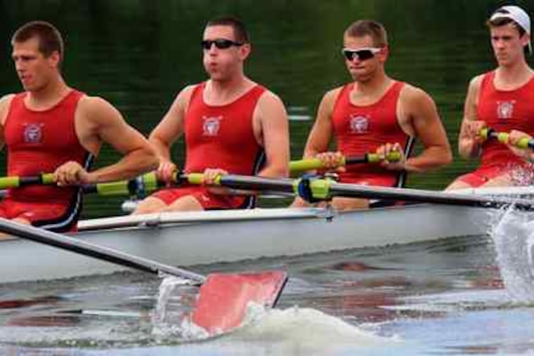 Members of the St. Joseph's Prep varsity eight with coxswain (from left) Brendan Courtney, Steve Lezynski, Colin Kane, Zac Munsell, and Carter Law train for their trip to the Henley Royal Regatta. The nine Prep boys, undefeated this season, will make their first appearance at Henley. The Hawks last competed there in 2008, with an all-senior crew.