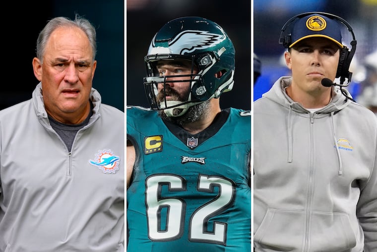 New defensive coordinator Vic Fangio, Eagles center Jason Kelce, and offensive coordinator Kellen Moore
