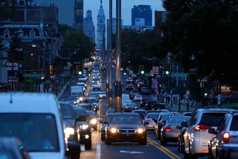 Traffic winds its way along Broad Street, near Allegheny Avenue, in Philadelphia.