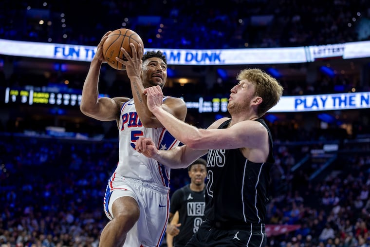Sixers' Quentin Grimes drives the ball to score against the Brooklyn Nets on Saturday.