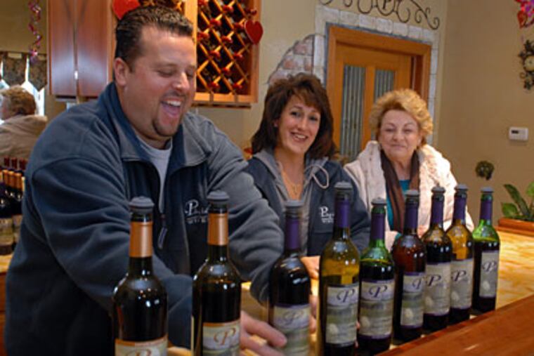 Ollie, Cory, and his mother, Concetta Tomasello, with some of the wines made at Plagido’s, where production began in 2007. (TOM GRALISH / Staff Photographer)