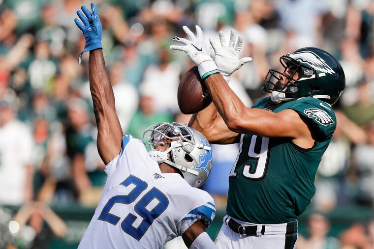Eagles wide receiver J.J. Arcega-Whiteside tries to catch a late fourth-quarter 4th down and 15 yards pass against Detroit Lions cornerback Rashaan Melvin at Lincoln Financial Field on September 22, 2019.
