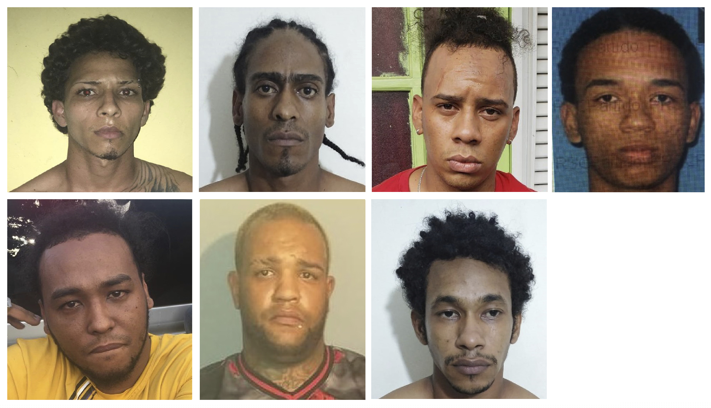 This combination of photos provided by the Dominican Republic National Police on Wednesday, June 12, 2019 shows suspects in connection with the shooting of former Red Sox star David Ortiz in Santo Domingo, Dominican Republic. Police identify the men as, top row from left, Rolfy Ferreyra, who has been identified as the shooter, Joel Rodriguez Cruz, Oliver Moises Mirabal Acosta, and Eddy Vladimir Feliz Garcia. Bottom row from left, Polfirio Allende Dechamps Vazquez, Luis Alfredo Rivas Clase and Reynaldo Rodriguez Valenzuela. All the men with the exception of Rivas Clase have been detained. (Dominican Republic National Police via AP)