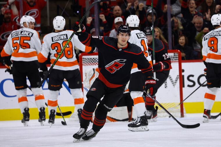 Carolina Hurricanes' Martin Necas (88) celebrates his goal against the Philadelphia Flyers during the first period.