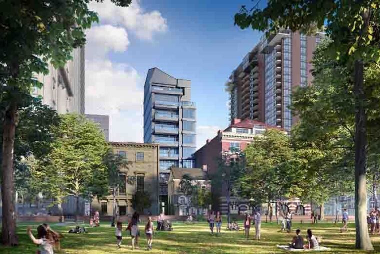 A view of the 12-story tower proposed for the site of the Dilworth House. Developer John Turchi Jr. plans to keep the facade of the home, while building the tower behind it.