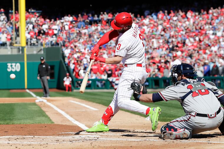 Bryce Harper grounds out to first in his first Phillies at-bat.