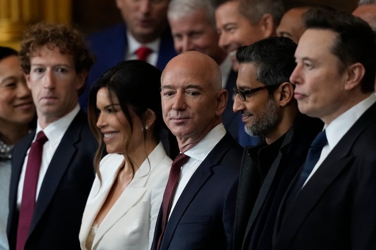 (From left) Meta CEO Mark Zuckerberg, Lauren Sánchez with fiance Amazon founder Jeff Bezos, Alphabet CEO Sundar Pichai, and Tesla CEO Elon Musk are seen before the inauguration Jan. 20 of Donald Trump for his second term as president. The billionaire tech leaders are among the richest people in the world.