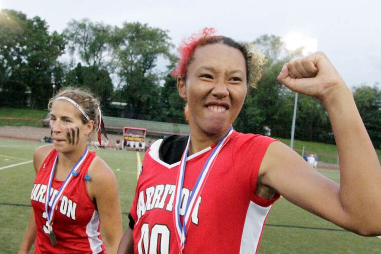 Harriton goalie Melina Avery pumps her fist after the win over Springfield (Delco) as teammate Sabrina Tabasso looks on. ELIZABETH ROBERTSON / Staff