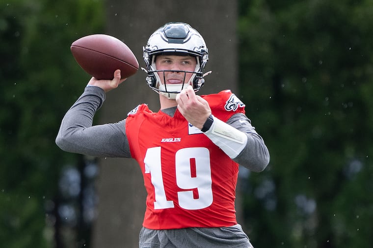 Eagles QB Kyle McCord practice during rookie minicamp at the NovaCare Complex in Philadelphia, Friday, May 2, 2025.
