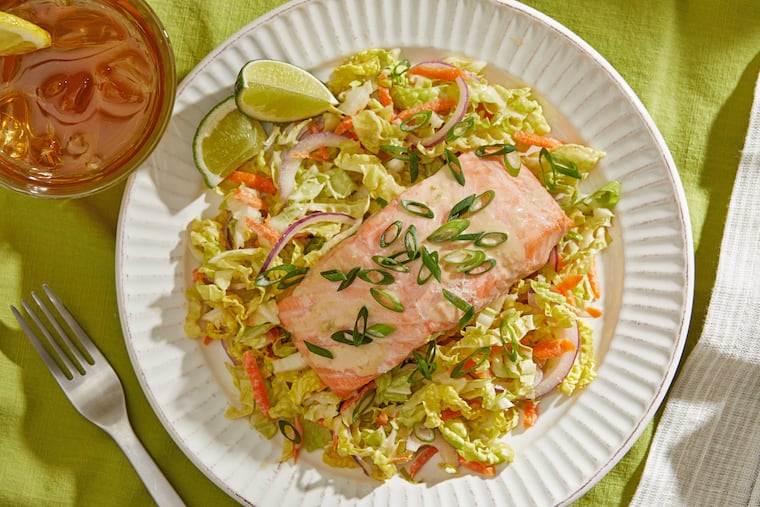 Poached Salmon and Napa Slaw With Citrus-Miso Dressing. MUST CREDIT: Washington Post photo by Tom McCorkle