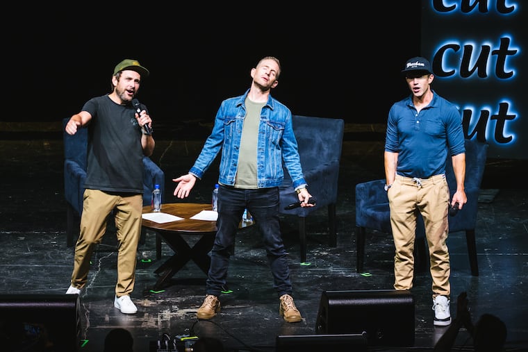 Charlie Day (from left), Glenn Howerton, and Rob McElhenny during a live taping of "The Always Sunny Podcast" at the Met last year.